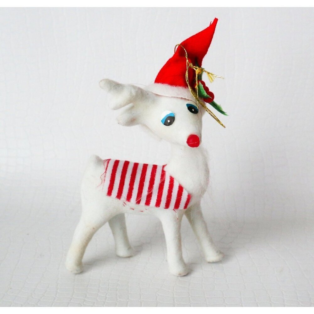 5 Vintage Flocked Christmas Tree Ornaments Deer Bird House With White Dove & Bea - Picture 4 of 7
